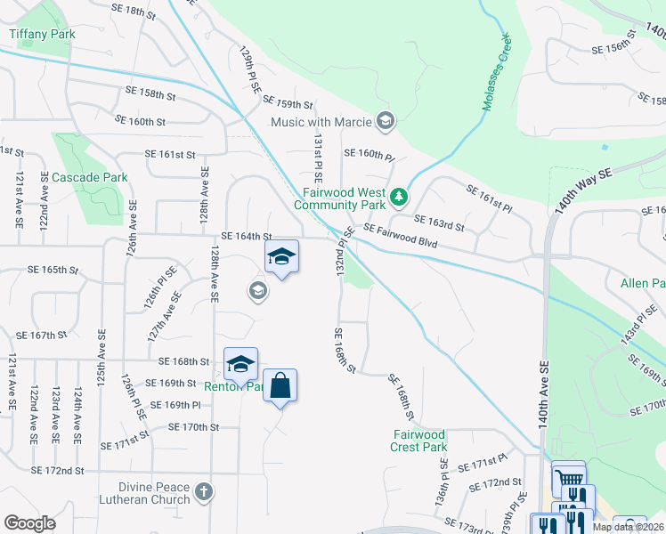 map of restaurants, bars, coffee shops, grocery stores, and more near 16427 132nd Place Southeast in Renton