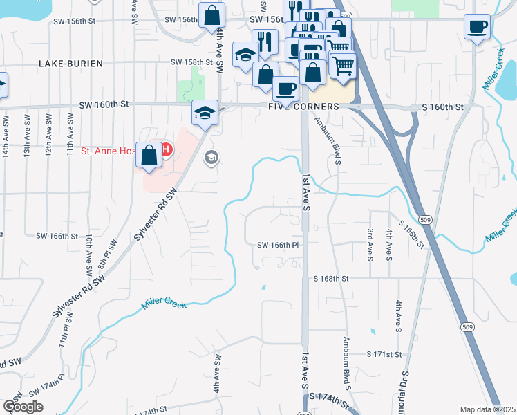 map of restaurants, bars, coffee shops, grocery stores, and more near 232 Southwest 164th Place in Normandy Park