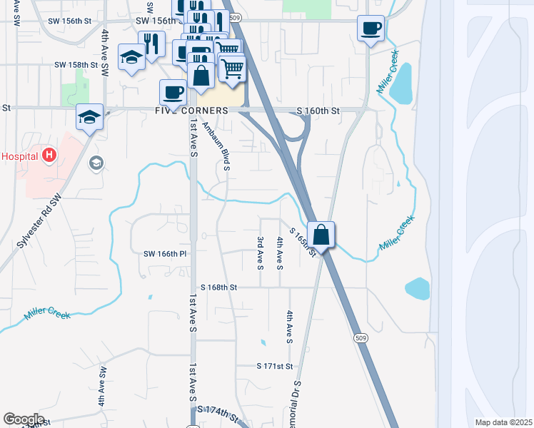 map of restaurants, bars, coffee shops, grocery stores, and more near 306 South 165th Street in Burien