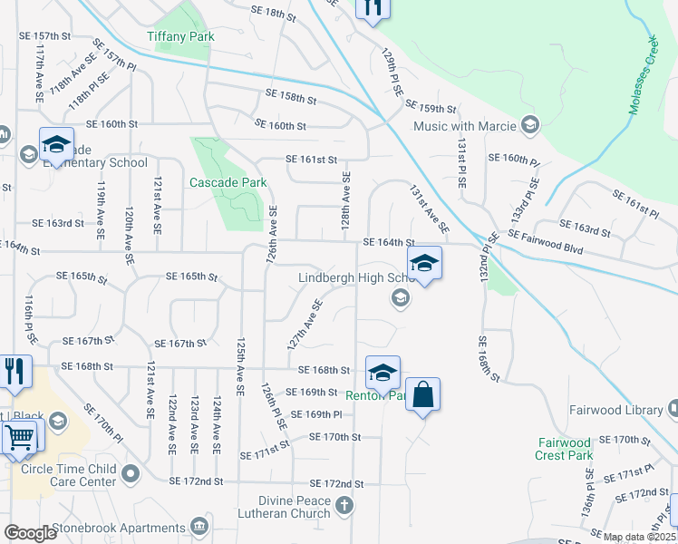 map of restaurants, bars, coffee shops, grocery stores, and more near 16428 126th Place Southeast in Renton