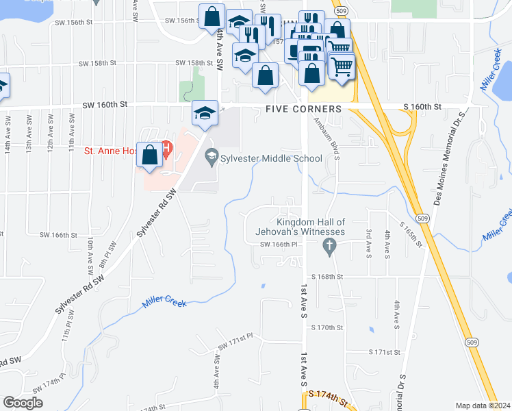 map of restaurants, bars, coffee shops, grocery stores, and more near 232 Southwest 164th Place in Seattle