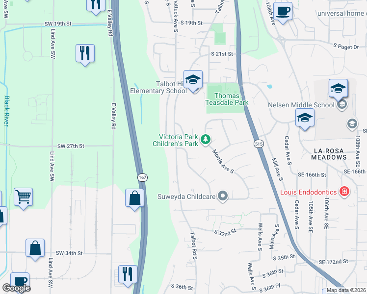 map of restaurants, bars, coffee shops, grocery stores, and more near in Renton