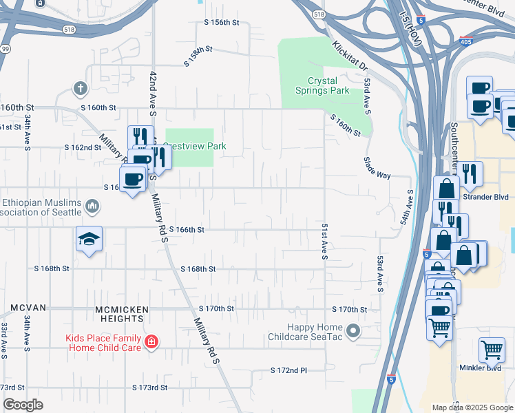 map of restaurants, bars, coffee shops, grocery stores, and more near 16422 47th Avenue South in SeaTac