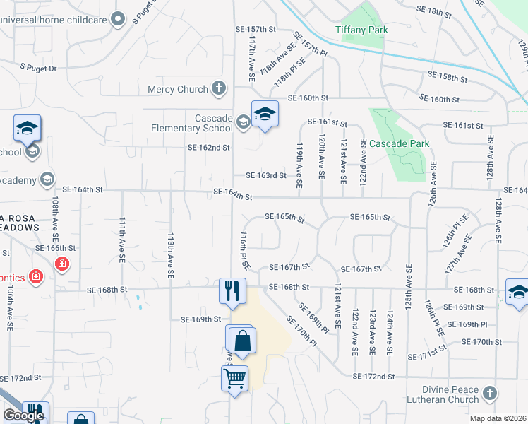 map of restaurants, bars, coffee shops, grocery stores, and more near 11704 Southeast 165th Street in Renton