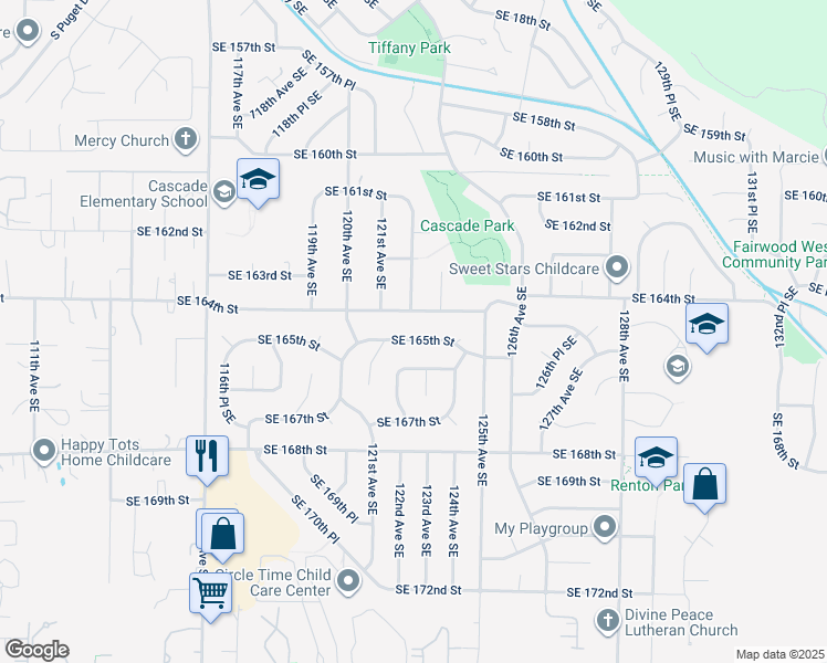 map of restaurants, bars, coffee shops, grocery stores, and more near 12202 Southeast 165th Street in Renton