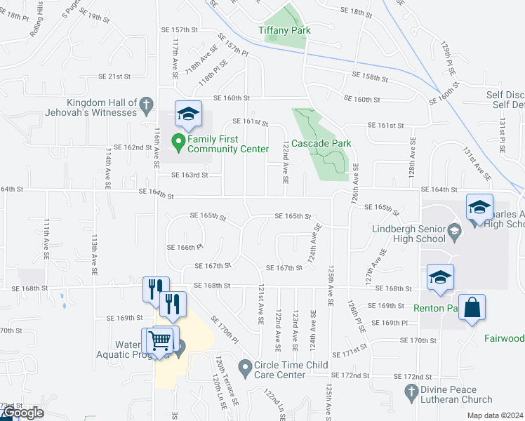 map of restaurants, bars, coffee shops, grocery stores, and more near 12024 Southeast 165th Street in Renton