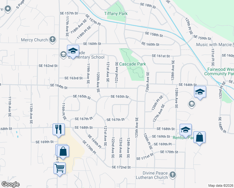 map of restaurants, bars, coffee shops, grocery stores, and more near 12202 Southeast 165th Street in Renton