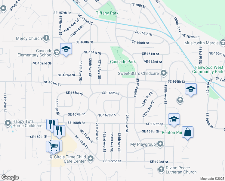 map of restaurants, bars, coffee shops, grocery stores, and more near 12202 Southeast 165th Street in Renton