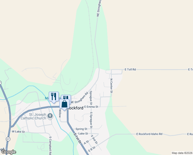 map of restaurants, bars, coffee shops, grocery stores, and more near 425 East Stringham Road in Rockford