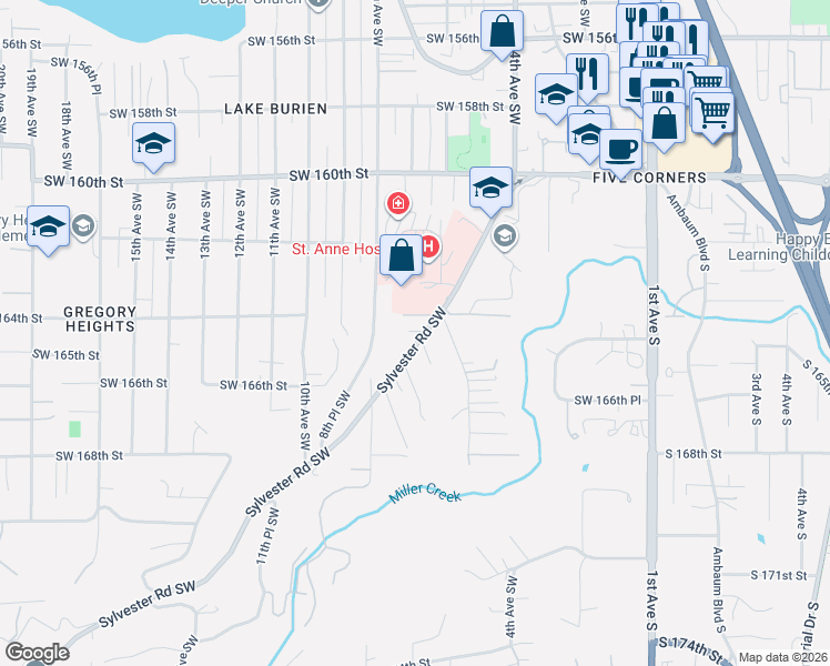 map of restaurants, bars, coffee shops, grocery stores, and more near 16431 Sylvester Road Southwest in Burien