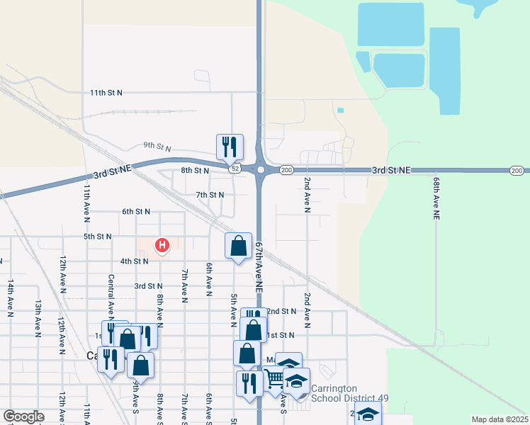 map of restaurants, bars, coffee shops, grocery stores, and more near 566 67th Avenue Northeast in Carrington