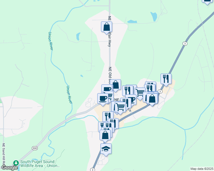map of restaurants, bars, coffee shops, grocery stores, and more near 111 Northeast Old Belfair Highway in Belfair