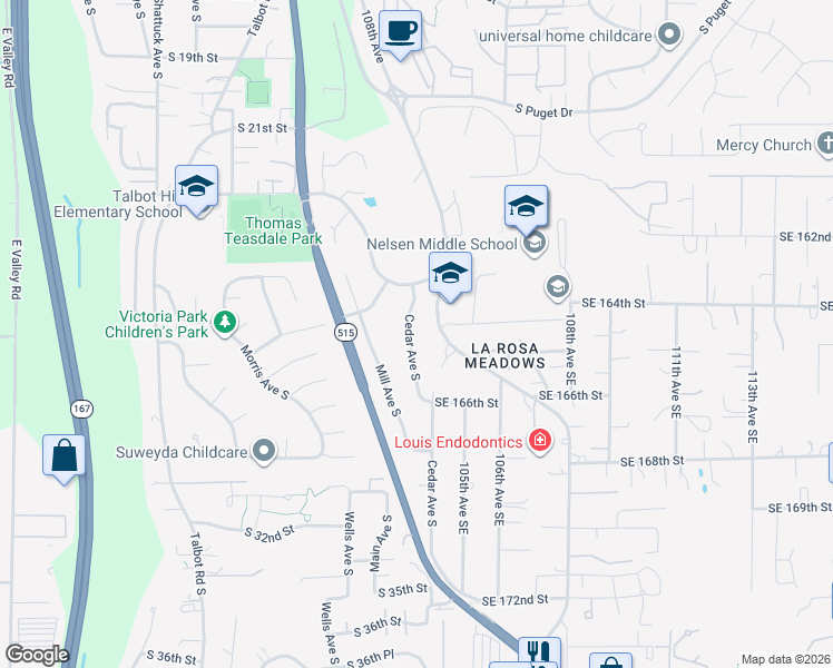 map of restaurants, bars, coffee shops, grocery stores, and more near 16415 108th Avenue Southeast in Renton