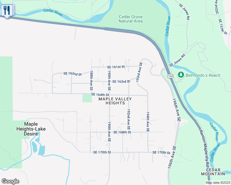 map of restaurants, bars, coffee shops, grocery stores, and more near 19014 Southeast 164th Street in Renton