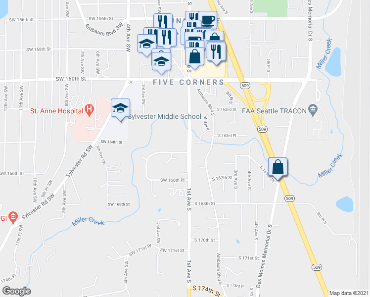 map of restaurants, bars, coffee shops, grocery stores, and more near 110 Southwest 164th Place in Burien