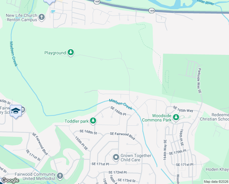 map of restaurants, bars, coffee shops, grocery stores, and more near 15932 Southeast 164th Place in Renton