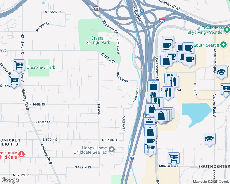 map of restaurants, bars, coffee shops, grocery stores, and more near 5207 South 164th Street in Tukwila