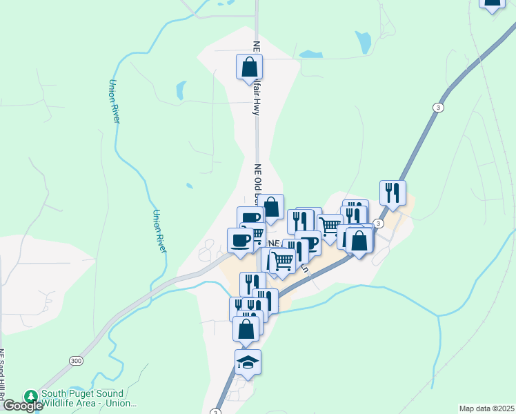 map of restaurants, bars, coffee shops, grocery stores, and more near 121 Northeast Old Belfair Highway in Belfair