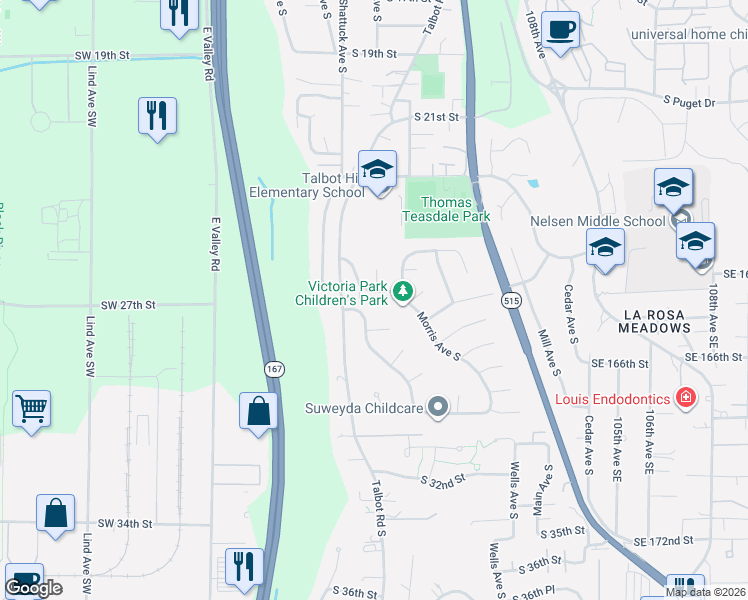 map of restaurants, bars, coffee shops, grocery stores, and more near 511 South 26th Street in Renton