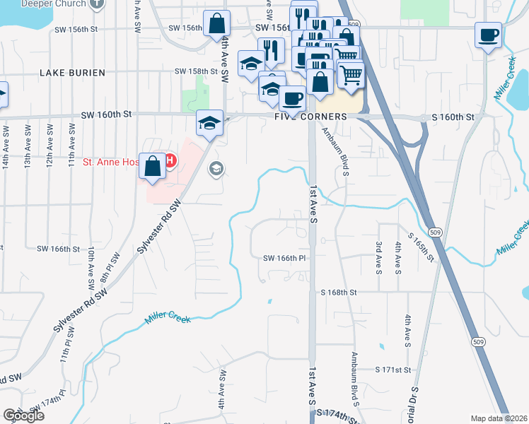 map of restaurants, bars, coffee shops, grocery stores, and more near 230 Southwest 164th Place in Normandy Park