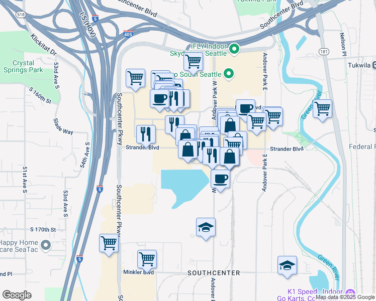 map of restaurants, bars, coffee shops, grocery stores, and more near 1047 Southcenter Mall in Tukwila
