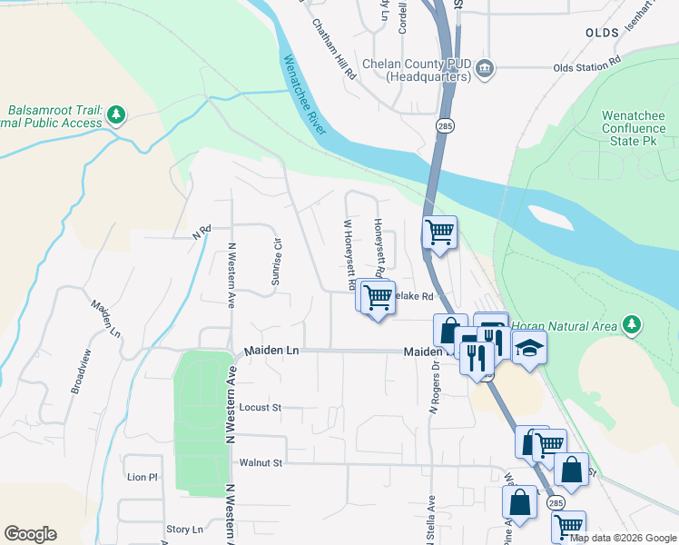 map of restaurants, bars, coffee shops, grocery stores, and more near 1600 Horselake Road in Wenatchee