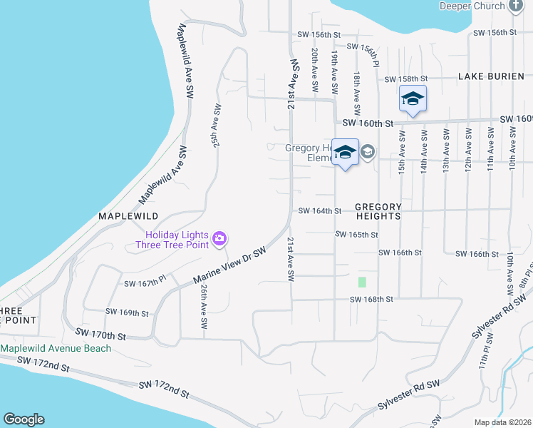 map of restaurants, bars, coffee shops, grocery stores, and more near 16403 Marine View Drive Southwest in Burien