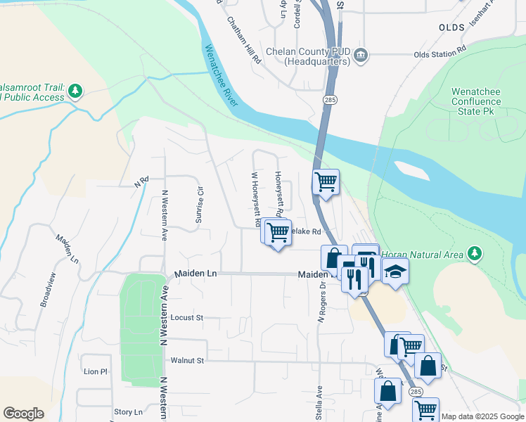 map of restaurants, bars, coffee shops, grocery stores, and more near 1600 Horselake Road in Wenatchee