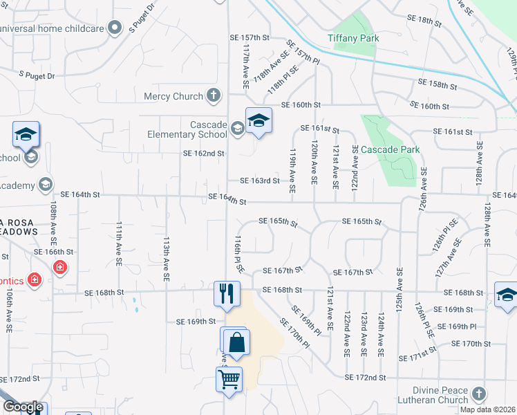 map of restaurants, bars, coffee shops, grocery stores, and more near 11704 Southeast 165th Street in Renton