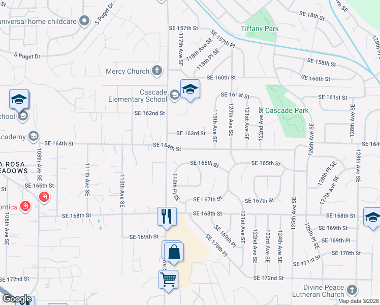 map of restaurants, bars, coffee shops, grocery stores, and more near 11704 Southeast 165th Street in Renton