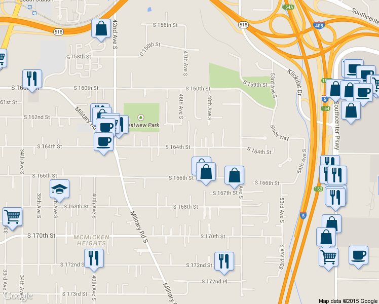 map of restaurants, bars, coffee shops, grocery stores, and more near 4701 South 164th Street in Tukwila