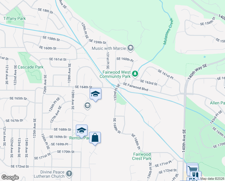 map of restaurants, bars, coffee shops, grocery stores, and more near 16427 132nd Place Southeast in Renton