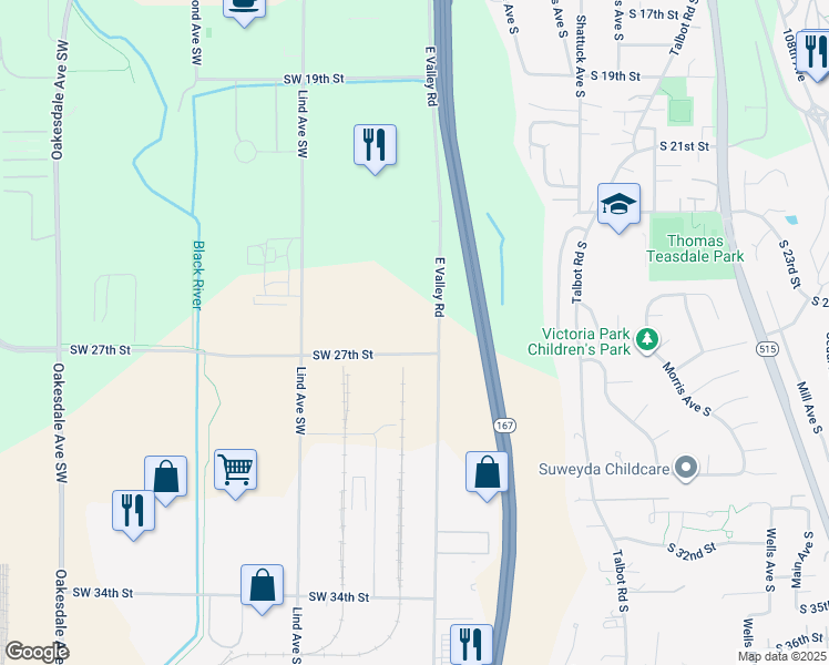 map of restaurants, bars, coffee shops, grocery stores, and more near West Valley Highway in King County