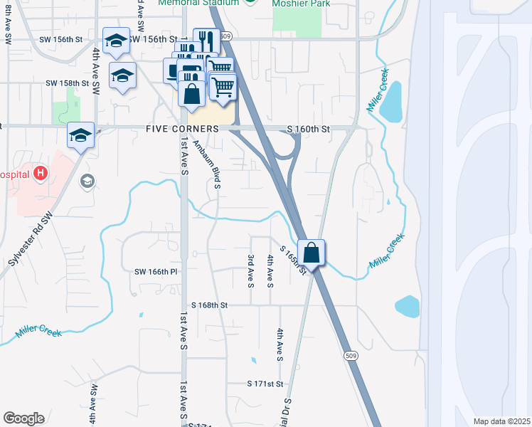 map of restaurants, bars, coffee shops, grocery stores, and more near 306 South 165th Street in Burien
