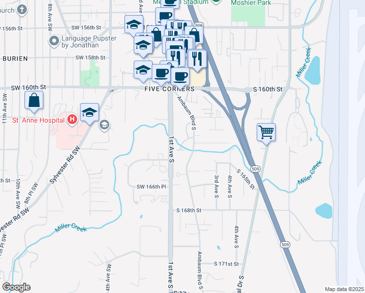 map of restaurants, bars, coffee shops, grocery stores, and more near 16431 Ambaum Boulevard South in Burien