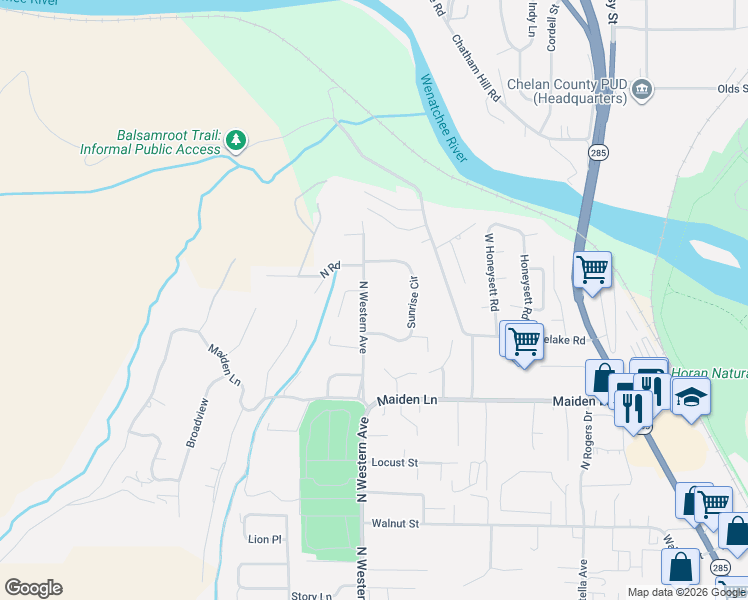 map of restaurants, bars, coffee shops, grocery stores, and more near 2106 Sunrise Circle in Wenatchee