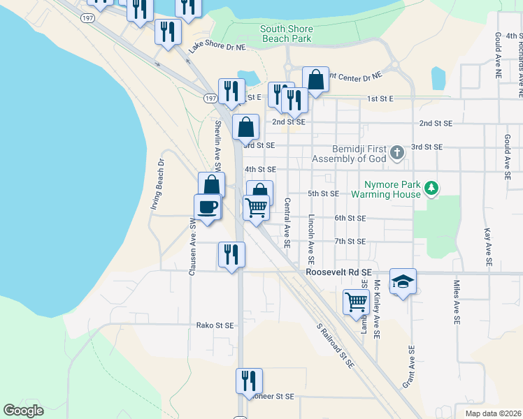 map of restaurants, bars, coffee shops, grocery stores, and more near 601 U.S. 2 Old in Bemidji