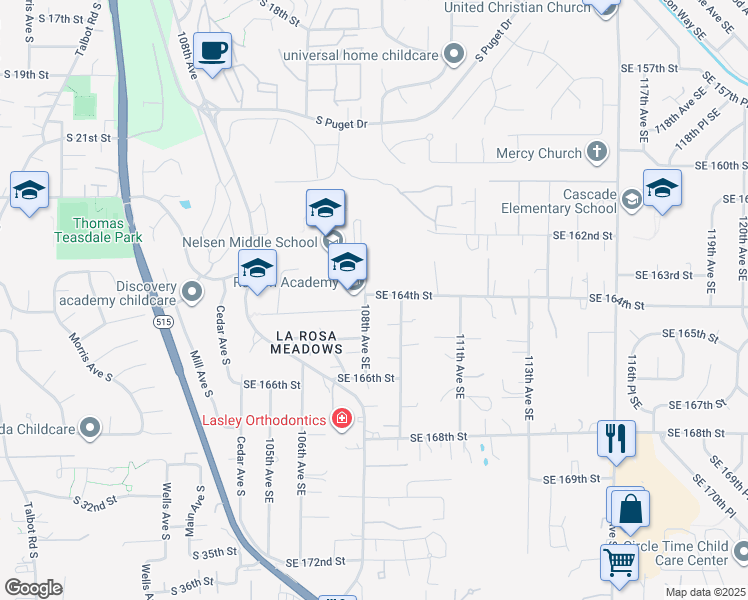 map of restaurants, bars, coffee shops, grocery stores, and more near 1710 South 27th Street in Renton