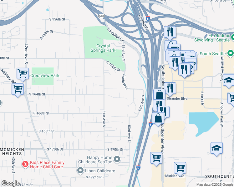 map of restaurants, bars, coffee shops, grocery stores, and more near 5112 South 163rd Place in Tukwila