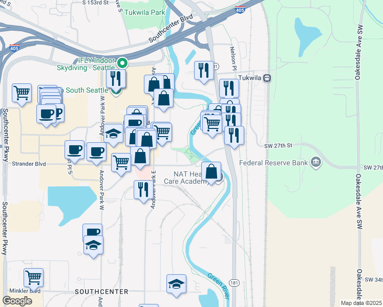 map of restaurants, bars, coffee shops, grocery stores, and more near 9783 Green River Trail in Tukwila