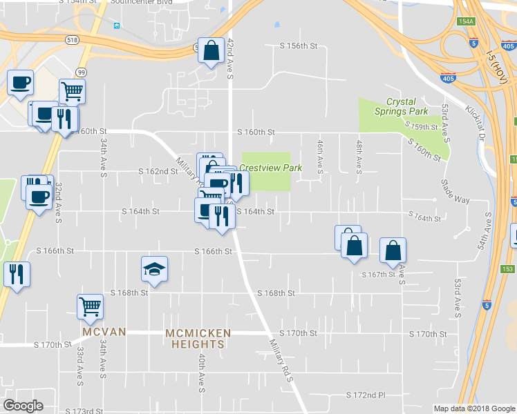 map of restaurants, bars, coffee shops, grocery stores, and more near 4238 South 164th Street in Tukwila