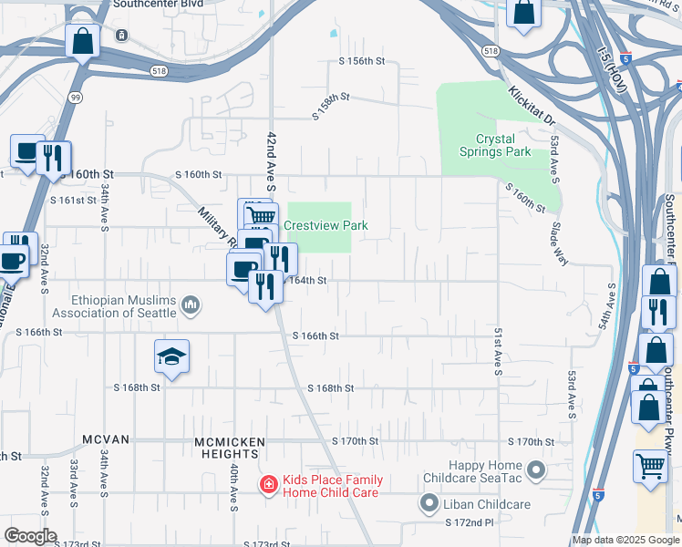 map of restaurants, bars, coffee shops, grocery stores, and more near 4406 South 164th Street in Tukwila