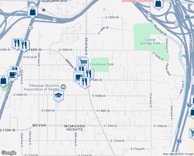 map of restaurants, bars, coffee shops, grocery stores, and more near 4230 South 164th Street in Tukwila