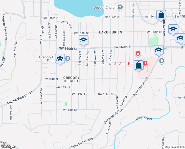 map of restaurants, bars, coffee shops, grocery stores, and more near 16253 13th Avenue Southwest in Burien