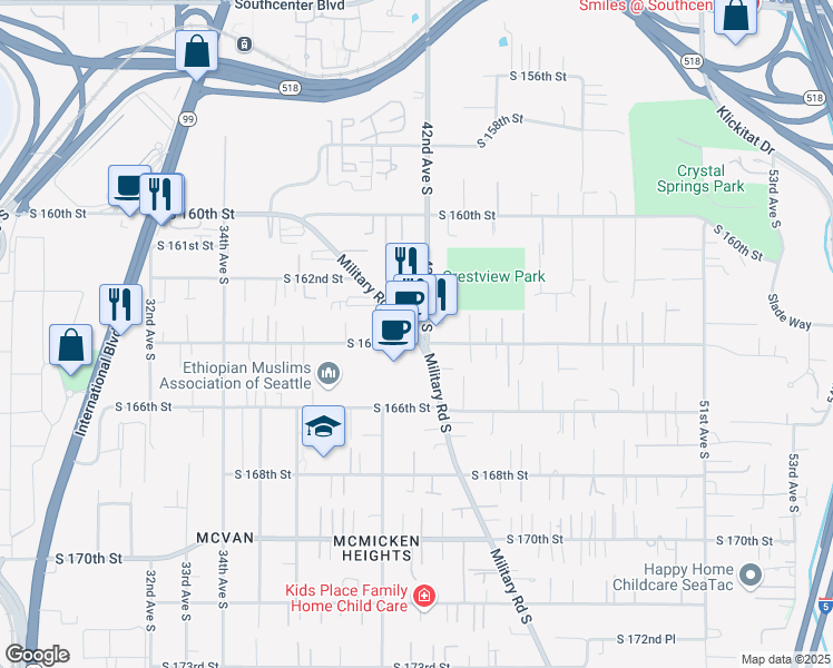 map of restaurants, bars, coffee shops, grocery stores, and more near 16219 Military Rd S in Seattle