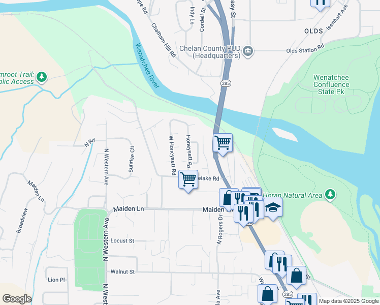 map of restaurants, bars, coffee shops, grocery stores, and more near 2119 Honeysett Road in Wenatchee