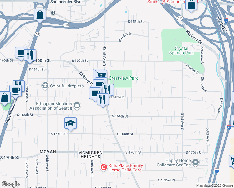 map of restaurants, bars, coffee shops, grocery stores, and more near 4238 South 164th Street in Tukwila