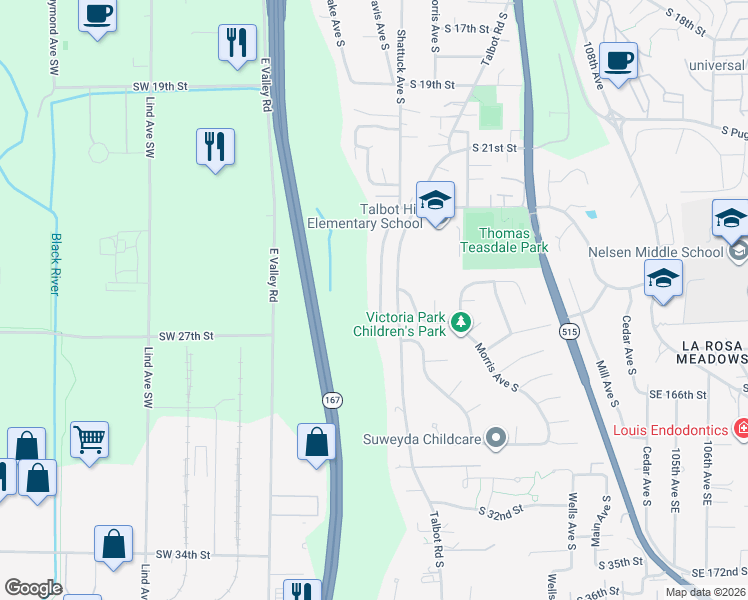 map of restaurants, bars, coffee shops, grocery stores, and more near 2509 Talbot Crest Drive South in Renton
