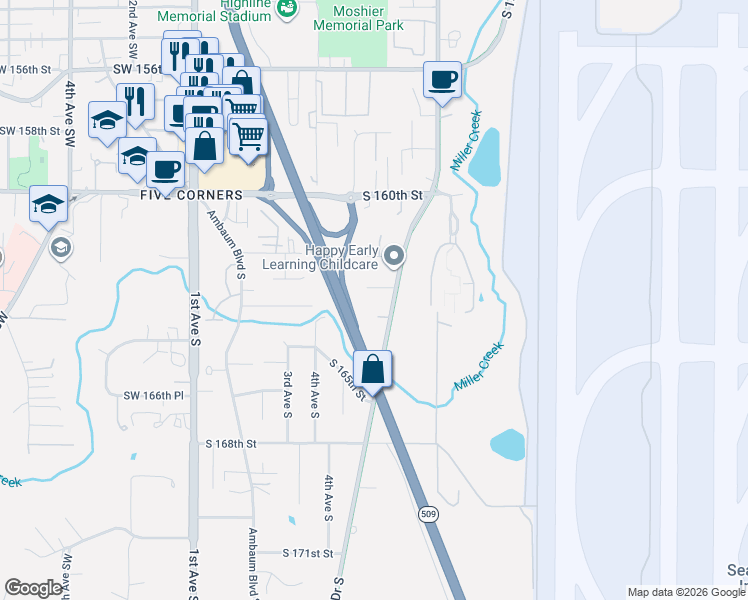 map of restaurants, bars, coffee shops, grocery stores, and more near 526 South 163rd Lane in Burien