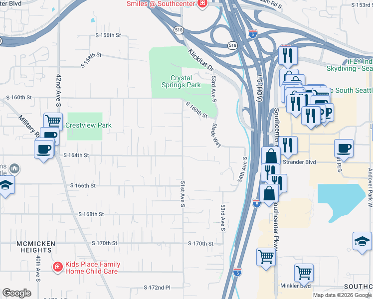 map of restaurants, bars, coffee shops, grocery stores, and more near 5101 South 163rd Place in Tukwila